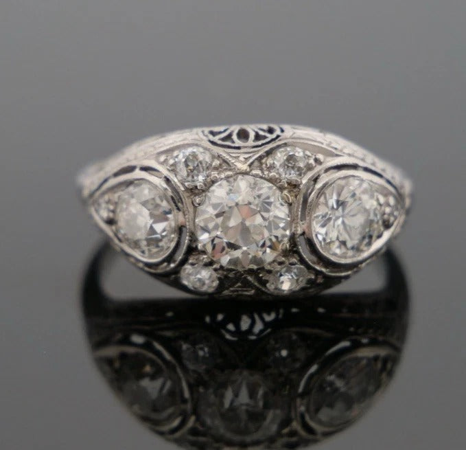 1920s Art Deco Old European Cuts Handmade Filigree 2.00CTW Platinum Diamond Ring