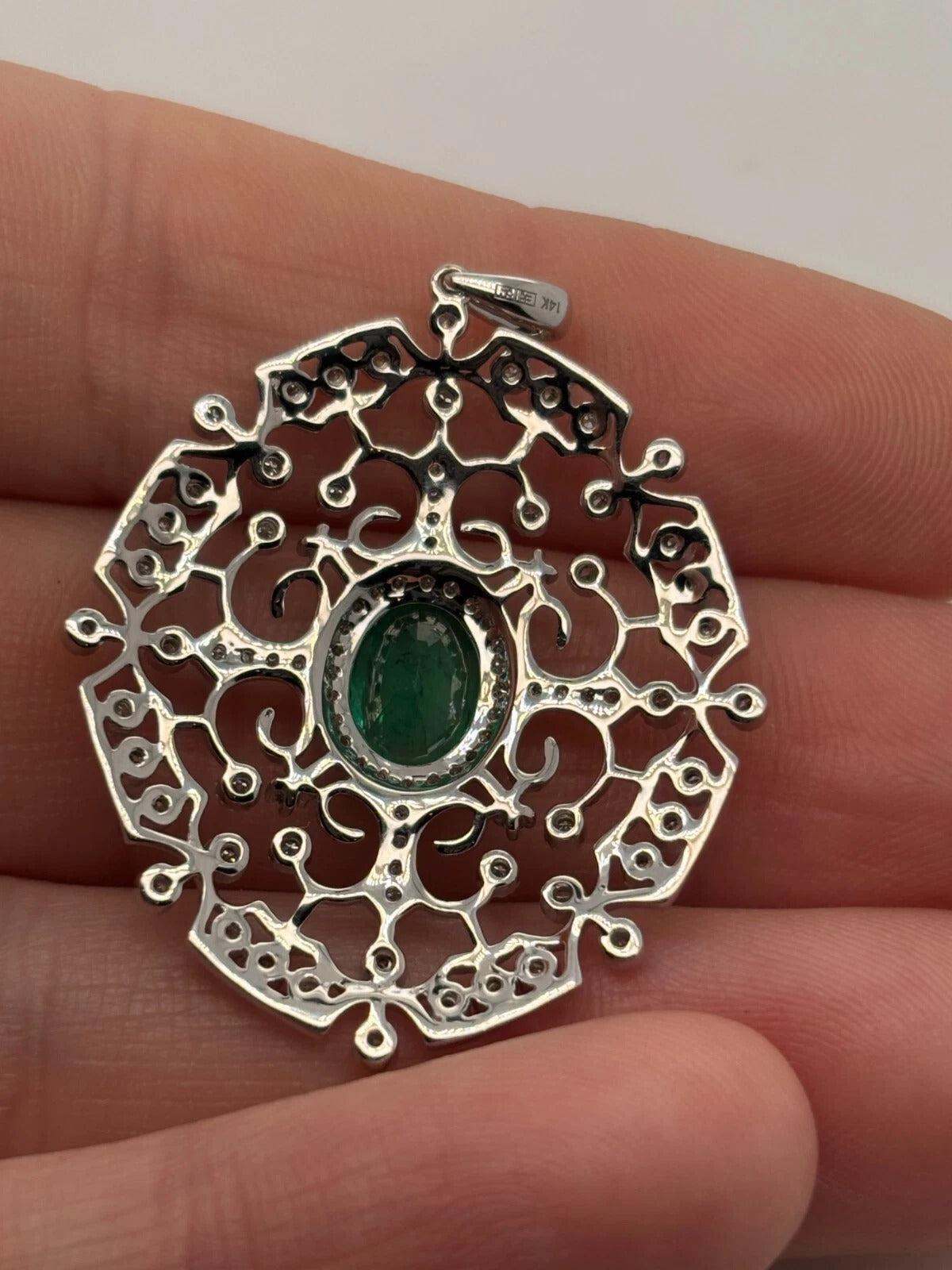 EFFY 14K White Gold Natural Diamond & Oval Green Emerald Filigree Pendant - Devine & Co.