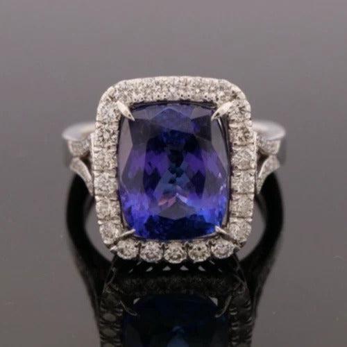 Elongated Cushion Natural Tanzanite & Round Diamond 6.29CT 14K White Gold Ring Size 8 - Devine & Co.