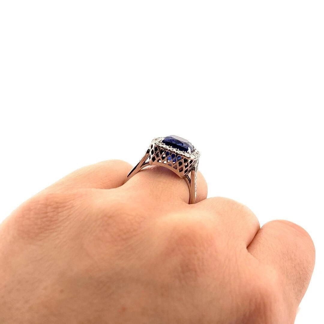 Elongated Cushion Natural Tanzanite & Round Diamond 6.29CT 14K White Gold Ring Size 8 - Devine & Co.