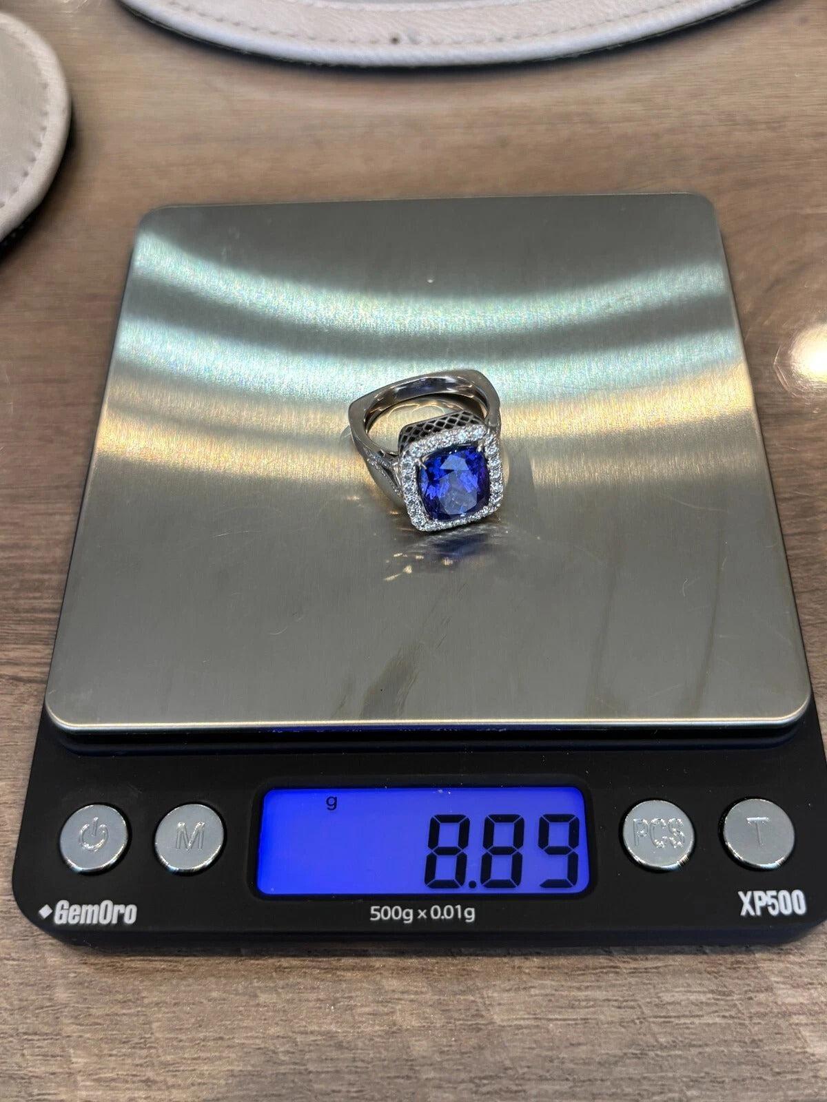Elongated Cushion Natural Tanzanite & Round Diamond 6.29CT 14K White Gold Ring Size 8 - Devine & Co.