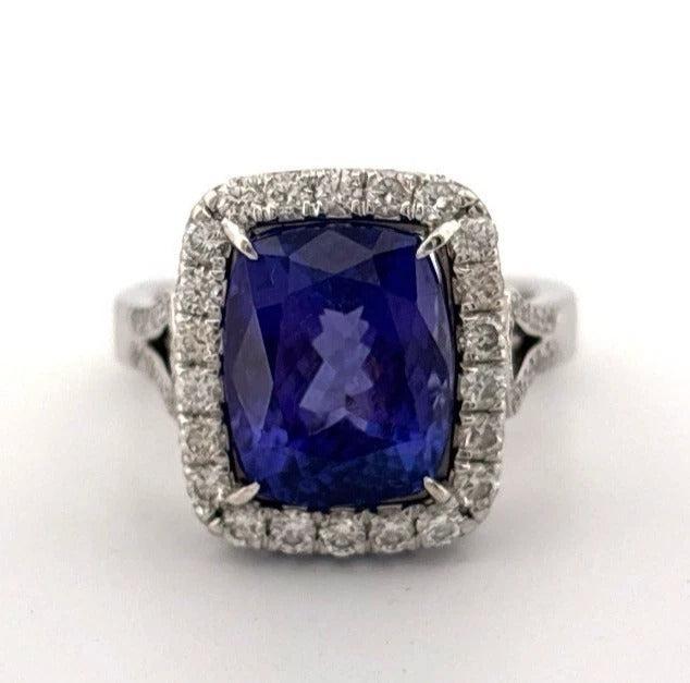 Elongated Cushion Natural Tanzanite & Round Diamond 6.29CT 14K White Gold Ring Size 8 - Devine & Co.