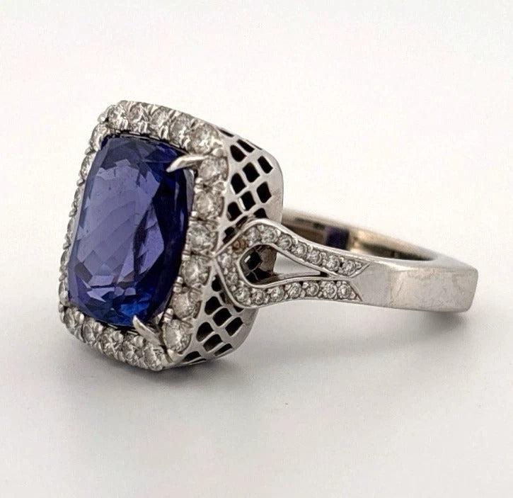 Elongated Cushion Natural Tanzanite & Round Diamond 6.29CT 14K White Gold Ring Size 8 - Devine & Co.