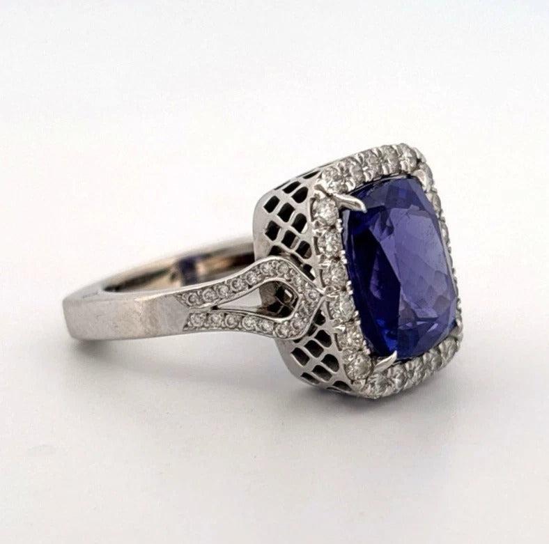 Elongated Cushion Natural Tanzanite & Round Diamond 6.29CT 14K White Gold Ring Size 8 - Devine & Co.