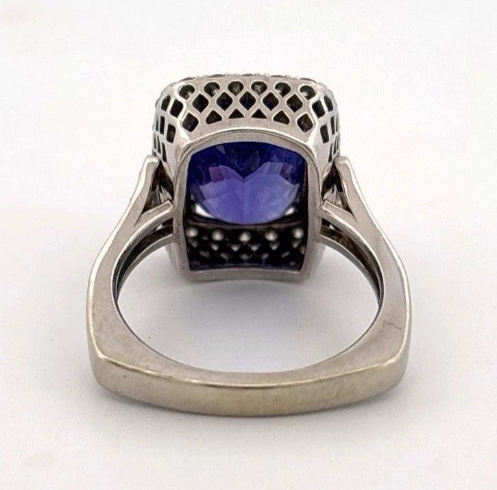 Elongated Cushion Natural Tanzanite & Round Diamond 6.29CT 14K White Gold Ring Size 8 - Devine & Co.