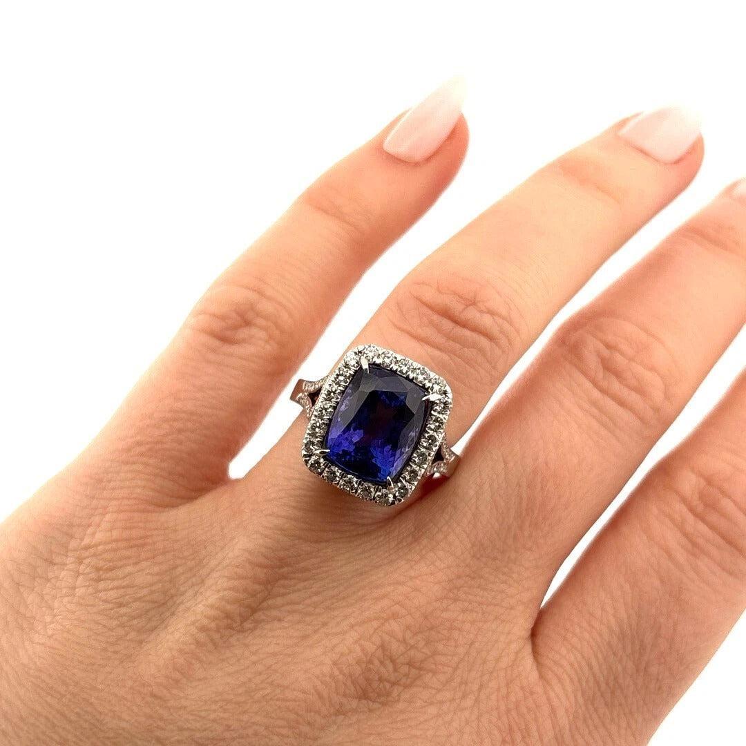 Elongated Cushion Natural Tanzanite & Round Diamond 6.29CT 14K White Gold Ring Size 8 - Devine & Co.