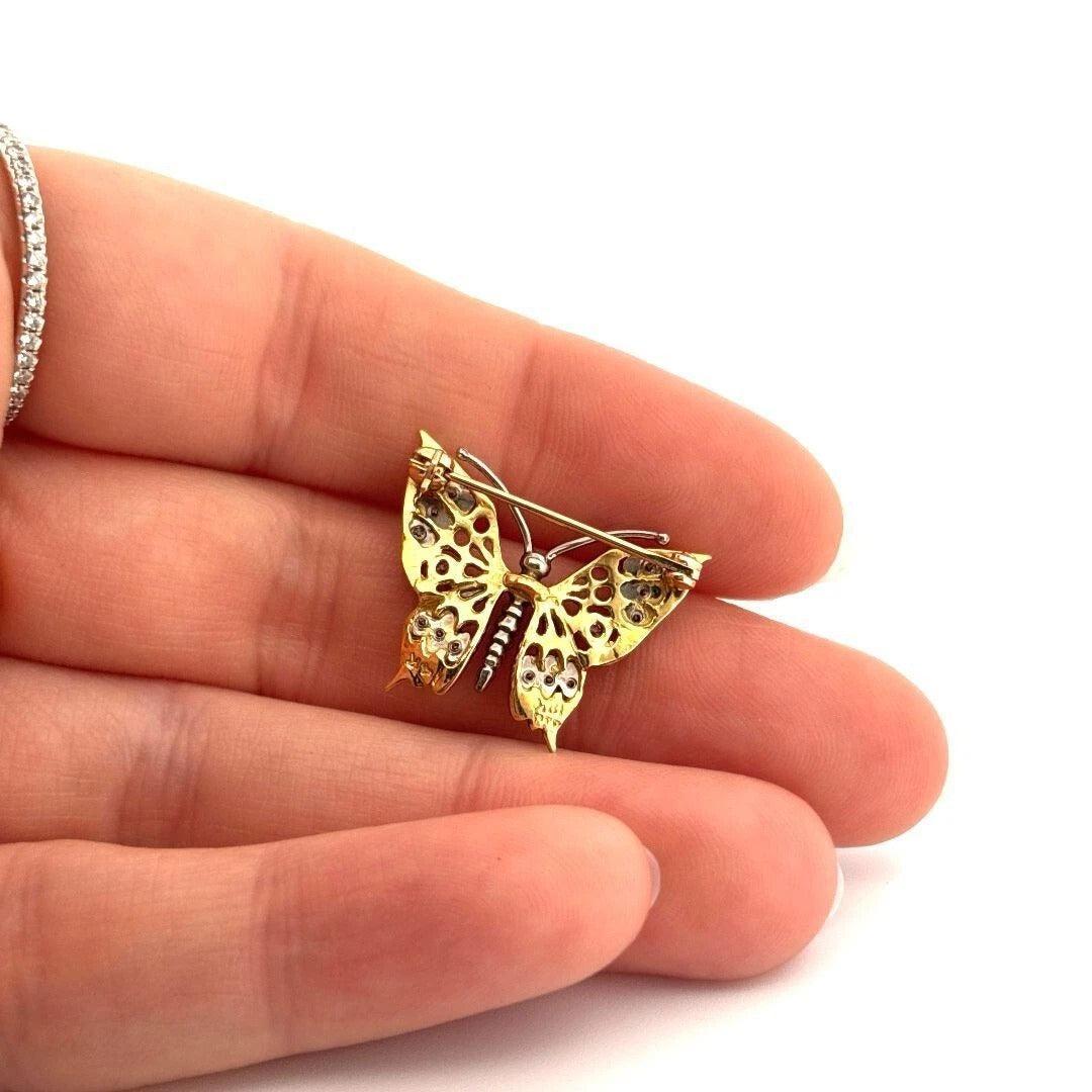 Estate 18K & 14K Yellow Gold Natural 20CTW Diamond Handmade Butterfly Brooch - Devine & Co.