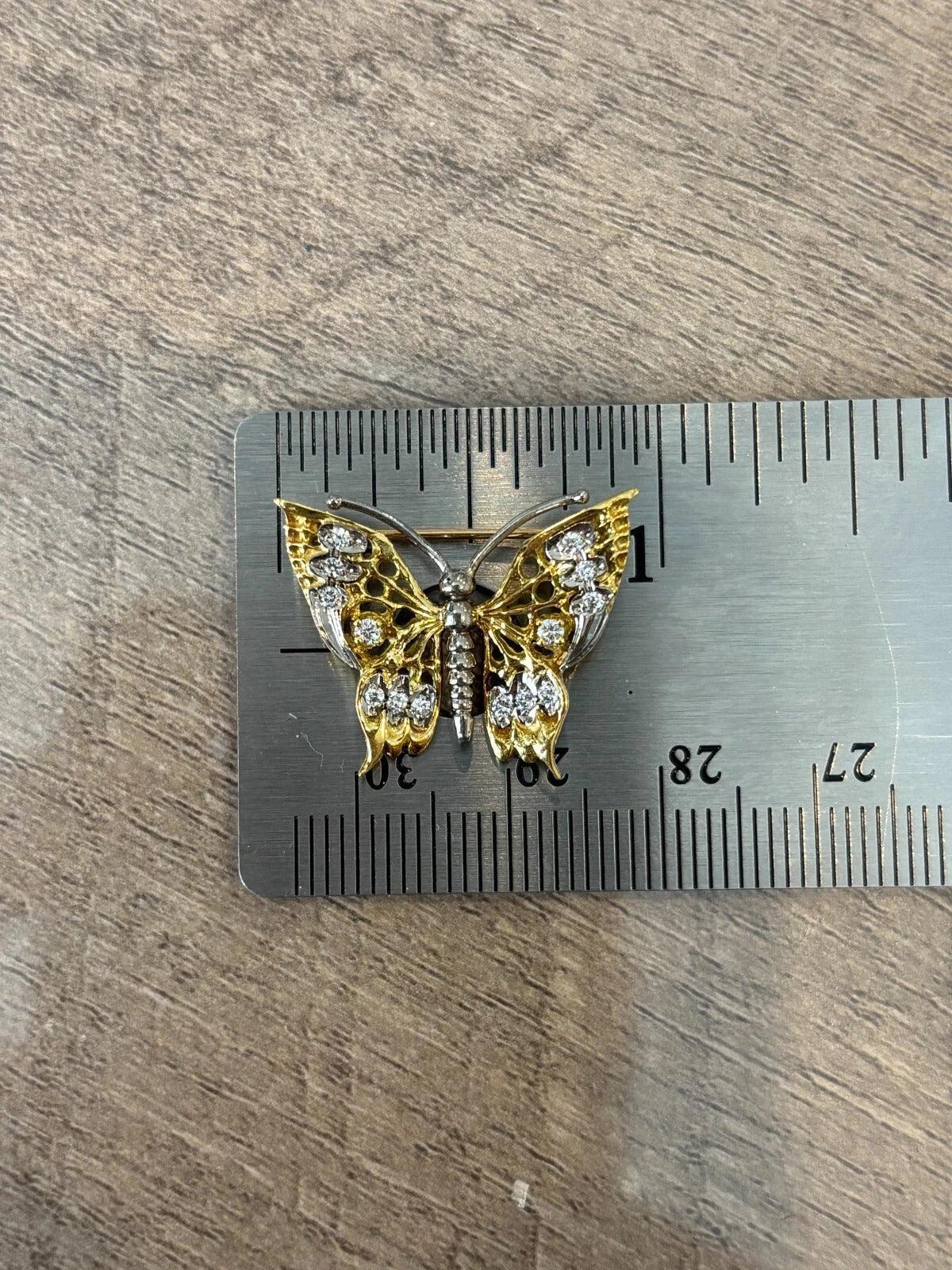 Estate 18K & 14K Yellow Gold Natural 20CTW Diamond Handmade Butterfly Brooch - Devine & Co.
