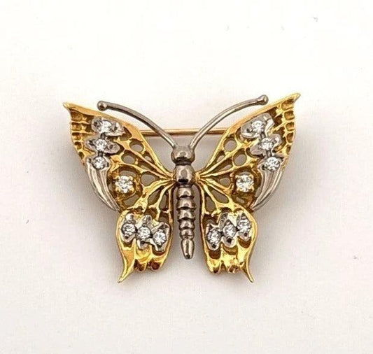 Estate 18K & 14K Yellow Gold Natural 20CTW Diamond Handmade Butterfly Brooch - Devine & Co.