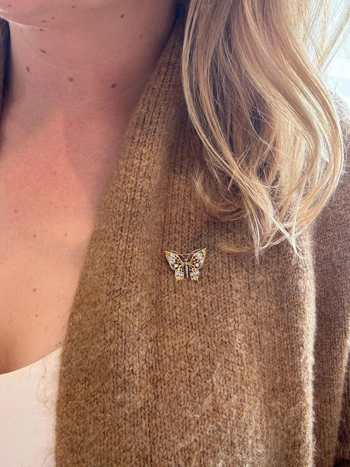 Estate 18K & 14K Yellow Gold Natural 20CTW Diamond Handmade Butterfly Brooch - Devine & Co.