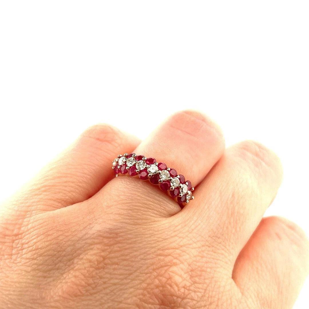Estate Natural Round Ruby & Diamond 14K Rose Gold Three Row Band Size 6.25 - Devine & Co.