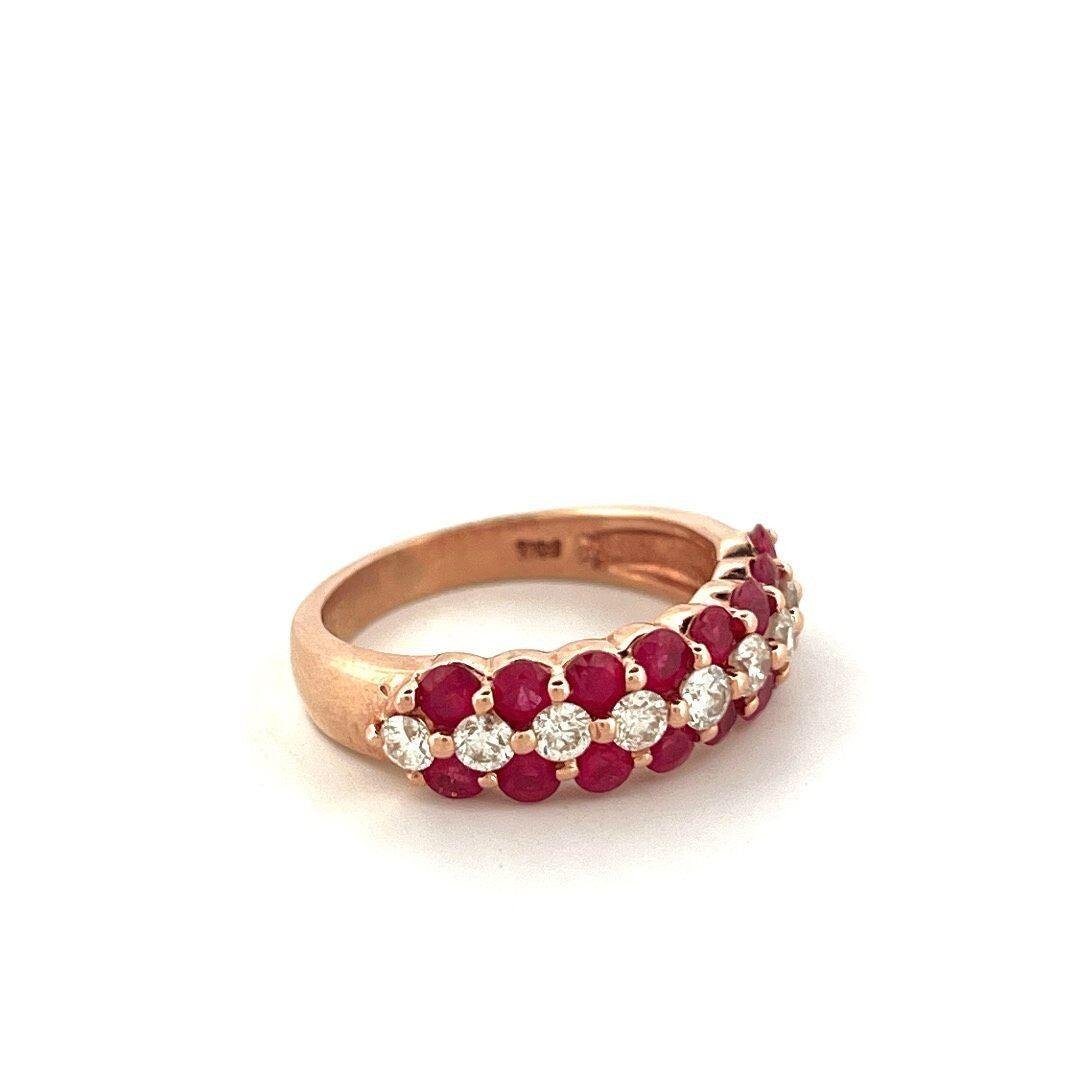 Estate Natural Round Ruby & Diamond 14K Rose Gold Three Row Band Size 6.25 - Devine & Co.