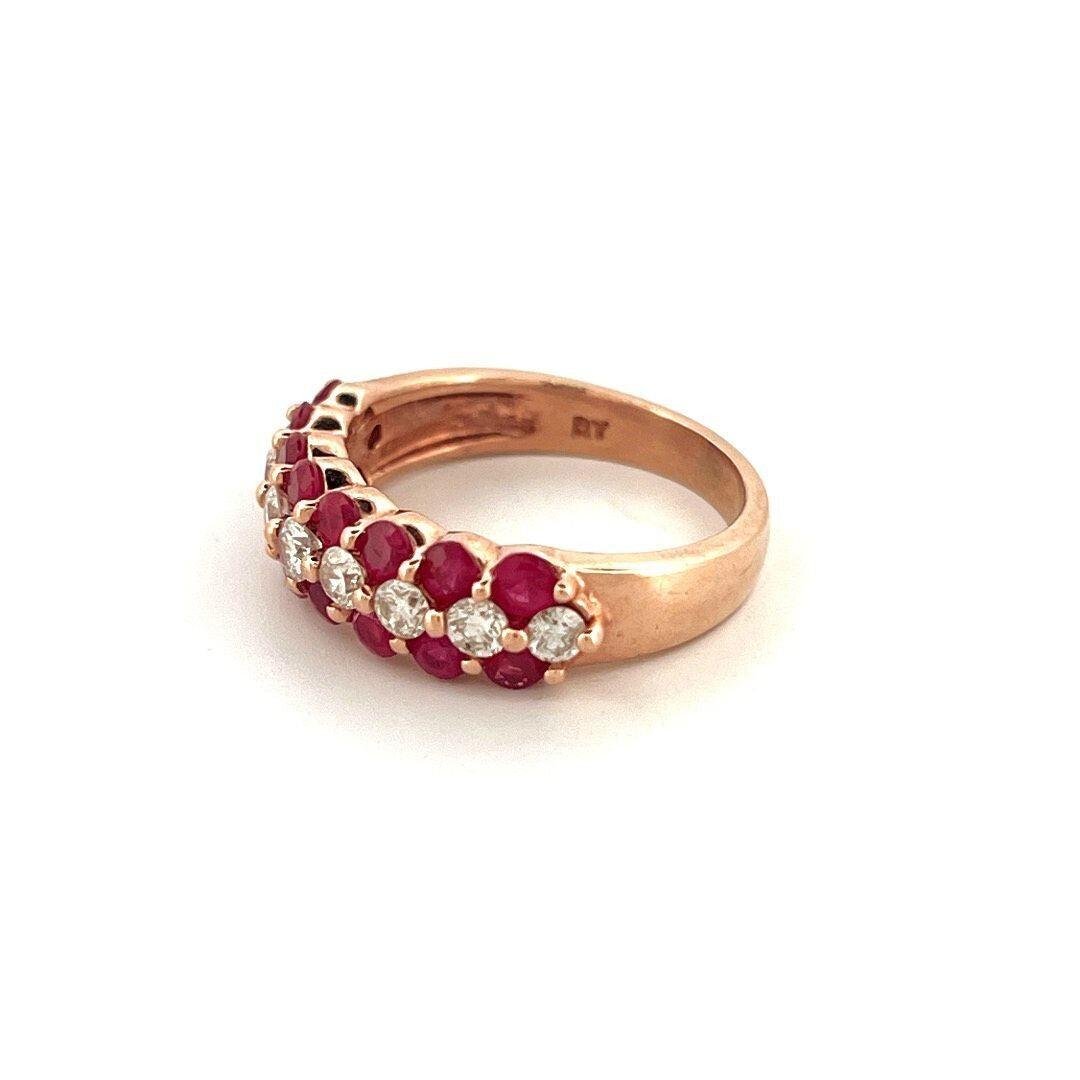 Estate Natural Round Ruby & Diamond 14K Rose Gold Three Row Band Size 6.25 - Devine & Co.