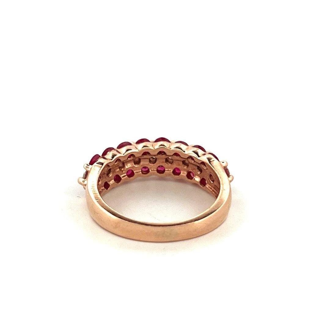 Estate Natural Round Ruby & Diamond 14K Rose Gold Three Row Band Size 6.25 - Devine & Co.