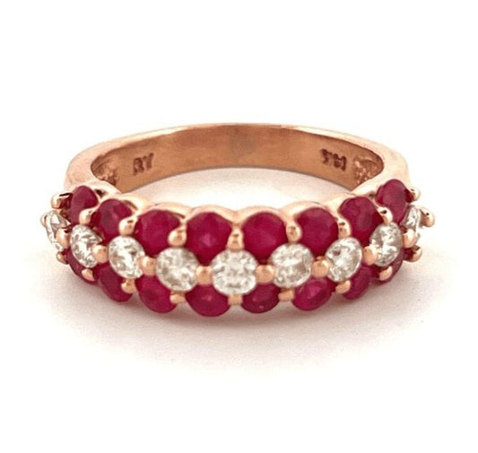 Estate Natural Round Ruby & Diamond 14K Rose Gold Three Row Band Size 6.25 - Devine & Co.