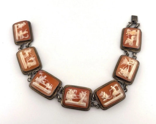 Antique Carved Shell Cameo Panel 800 Silver Italy 7.5" 21.61g Bracelet