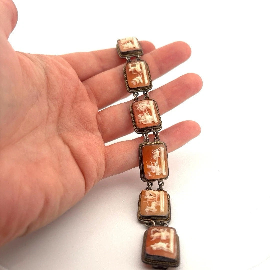 Antique Carved Shell Cameo Panel 800 Silver Italy 7.5" 21.61g Bracelet