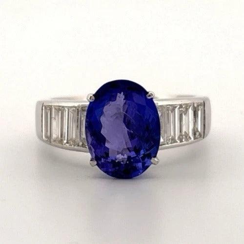 Oval Natural 2.79CT 18K/14K White Gold Tanzanite & Baguette Diamond Ring Size 7 - Devine & Co.