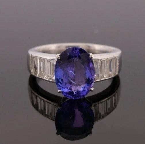 Oval Natural 2.79CT 18K/14K White Gold Tanzanite & Baguette Diamond Ring Size 7 - Devine & Co.