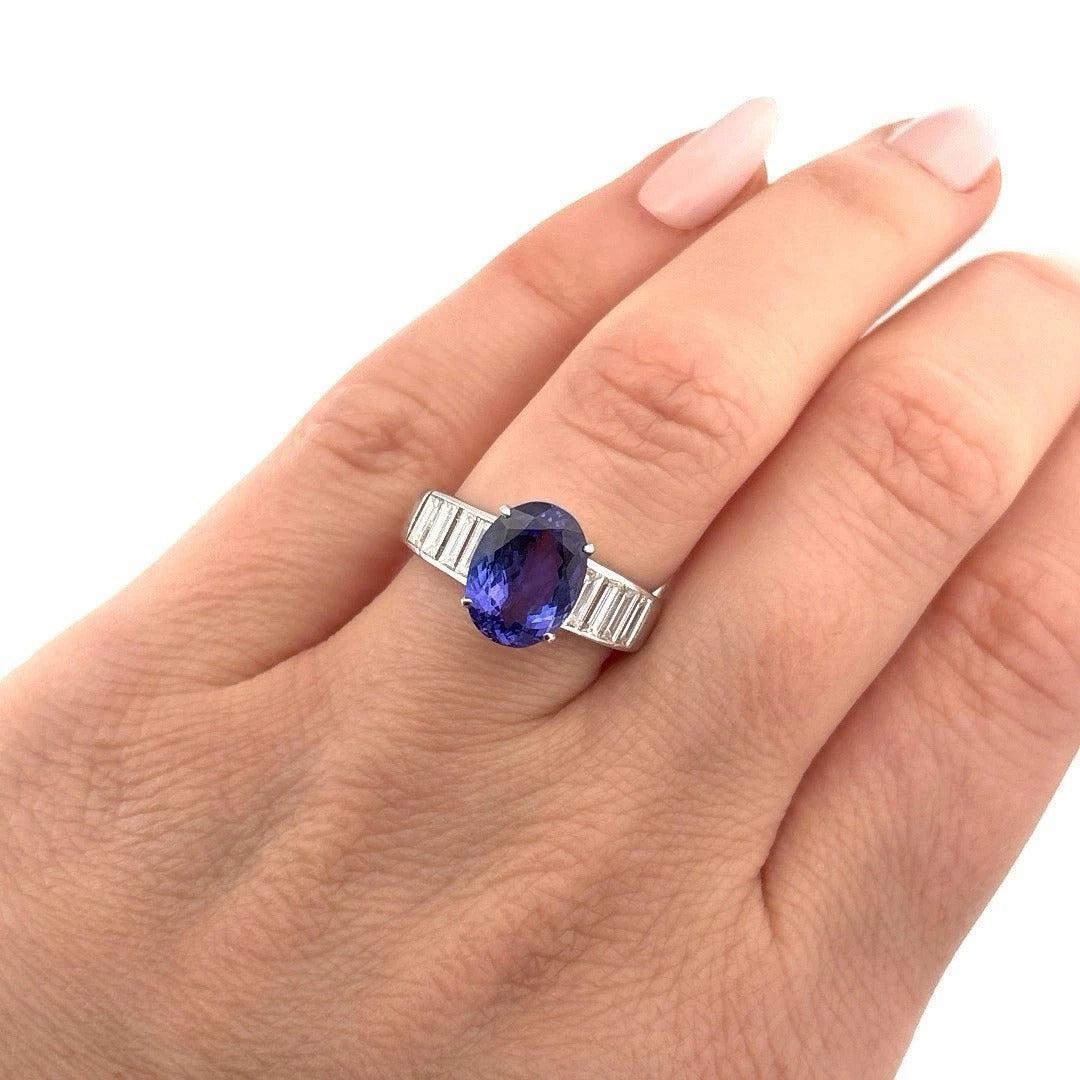 Oval Natural 2.79CT 18K/14K White Gold Tanzanite & Baguette Diamond Ring Size 7 - Devine & Co.