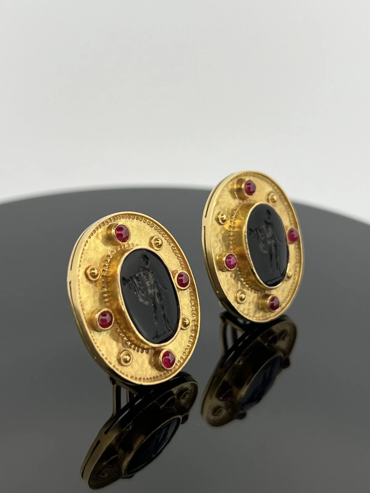 18K Yellow Gold Onyx Intaglio & Ruby Earrings 26g Handmade Omega Back Estate