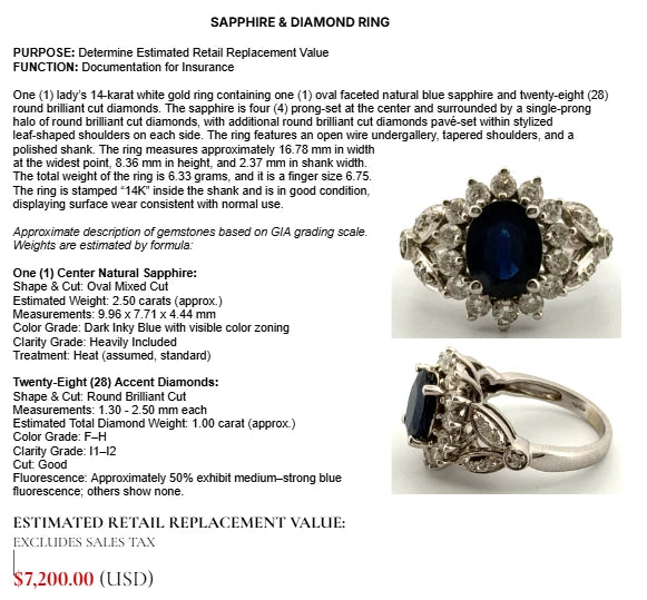 14K White Gold Natural Oval Blue Sapphire Diamond Halo Ring 6.3g Size 6.75