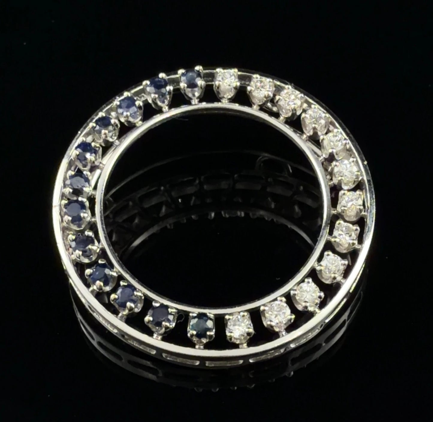 14K White Gold Natural Sapphire & Diamond Circle Pendant Brooch Estate