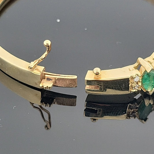 14K Yellow Gold Emerald & Diamond Bangle Bracelet, Marquise Emeralds, 7.5 Oval by Devine & Co