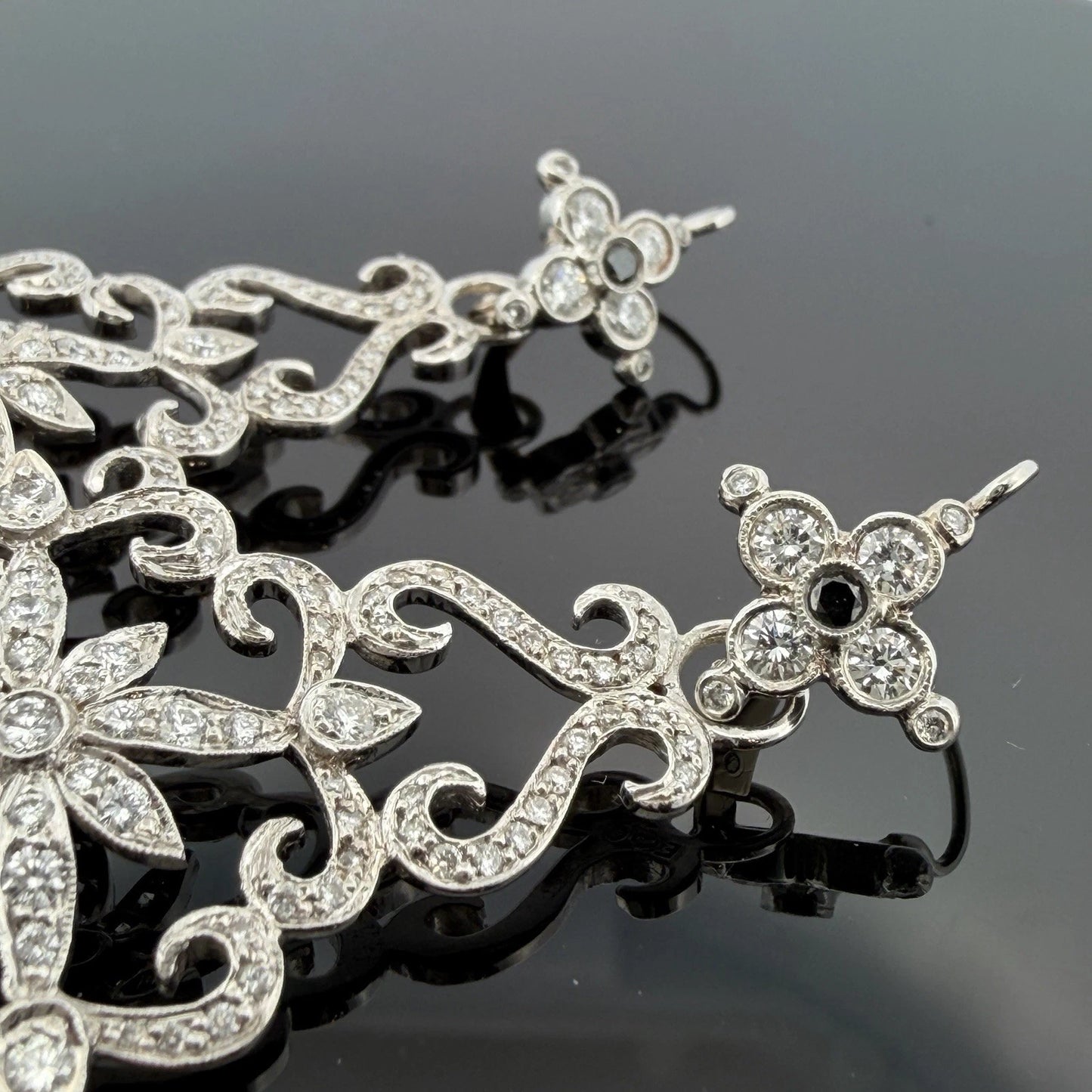 18K & 14K White Gold Moonstone Black Diamond Dangle Earrings 3" 17.9g