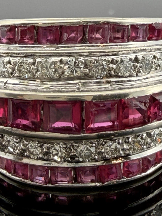 14K White Gold Ruby & Diamond Wide Band Ring Natural Square Rubies Size 7