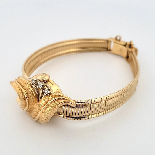Vintage Hamilton 14K Yellow Gold Hidden Watch Bracelet Florentine Leaf Diamonds by Devine & Co — front view