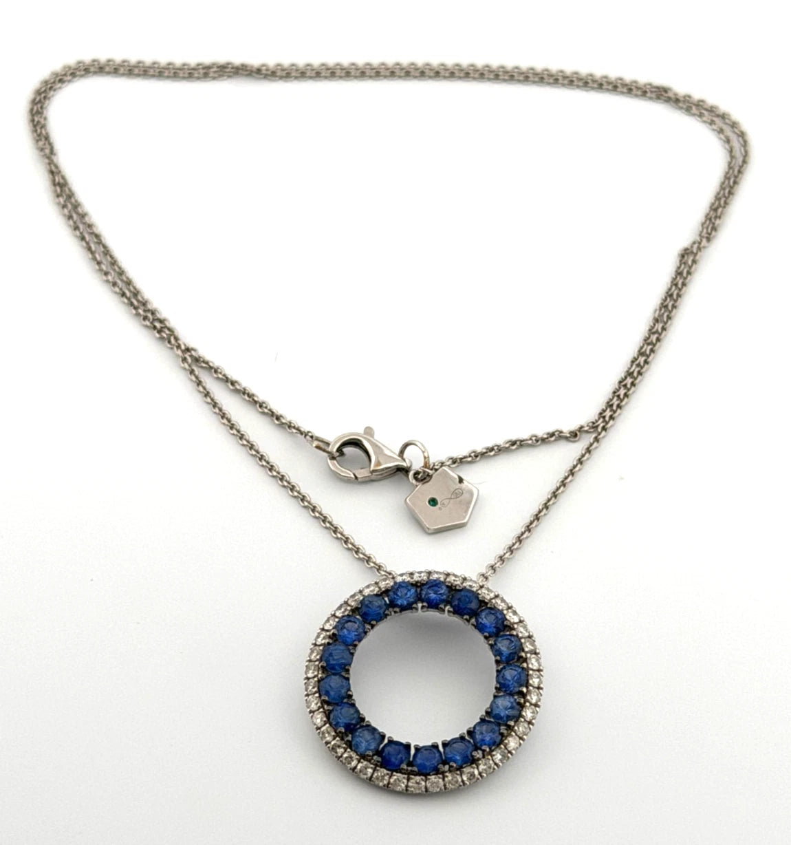 Graziela 18K White Gold Blue Round Sapphire & Diamond Circle Necklace 16" by Devine & Co — band detail