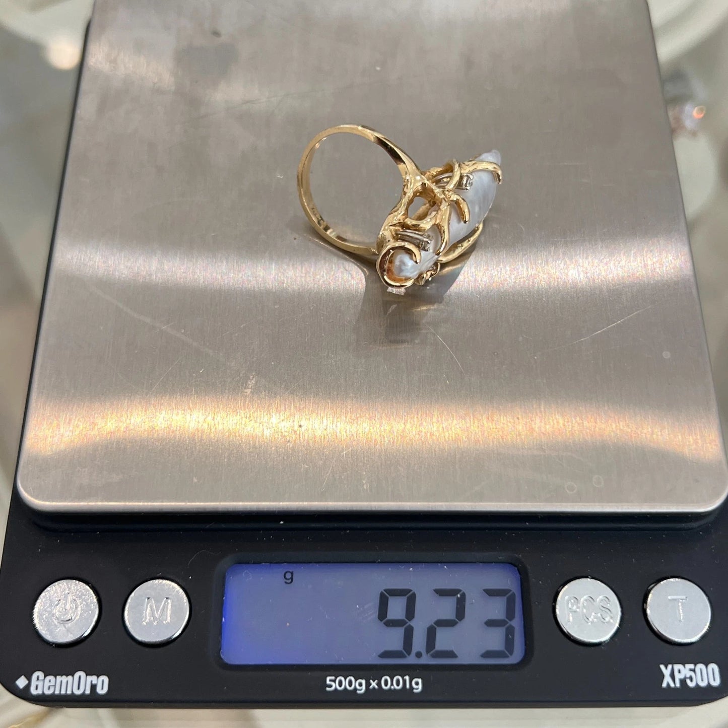 Vintage 14K Yellow Gold Baroque Pearl & Diamond Ring Size 6.5 Estate