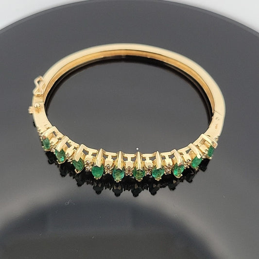 14K Yellow Gold Emerald & Diamond Bangle Bracelet, Marquise Emeralds, 7.5 Oval