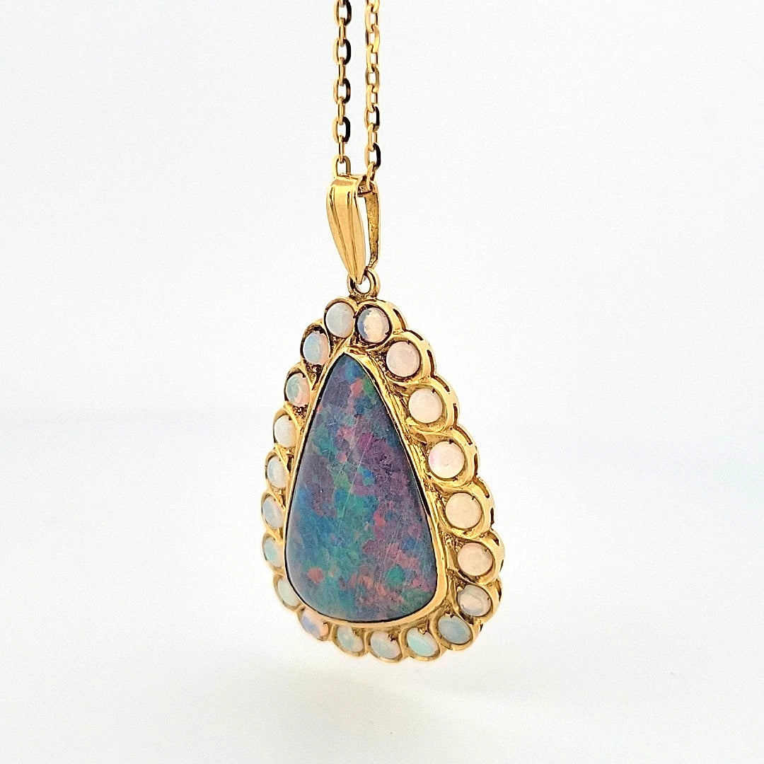 Large Triangular Black Opal Doublet Pendant with Round Crystal Opals 18 13g 14K by Devine & Co — stone detail