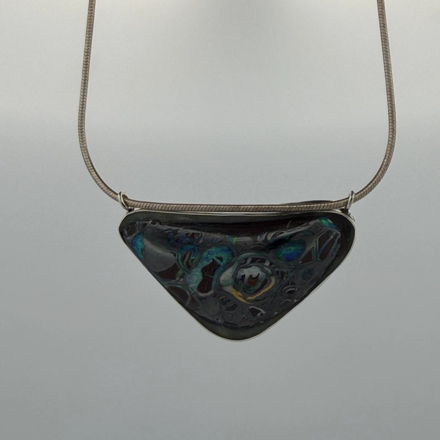 Australian Boulder Opal Pendant Necklace Sterling Silver Custom Bezel 20” Chain, scale detail