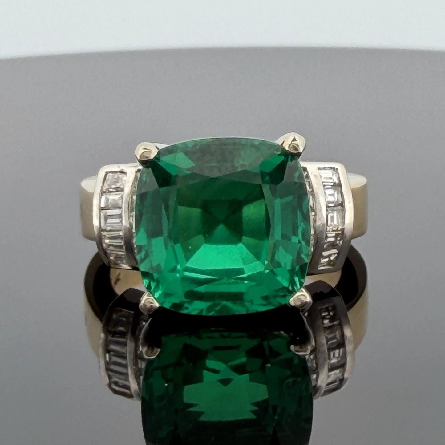 Lab Created Emerald and Diamond Ring 14K Two Tone Gold Heavy Mounting 12x12mm Sz 8, scale detail