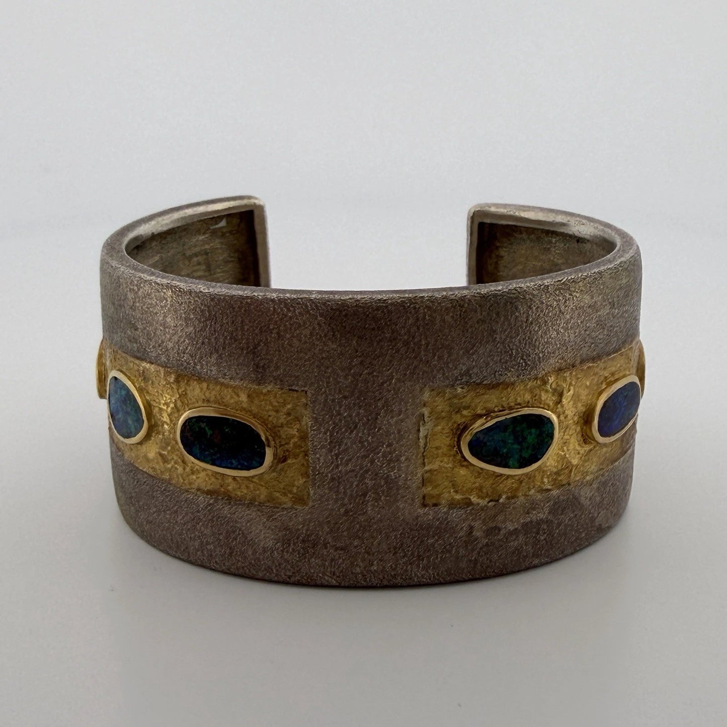 Boulder Opal Inlay Wide Cuff Bracelet 925 Sterling Silver 14K Gold 67g 30mm