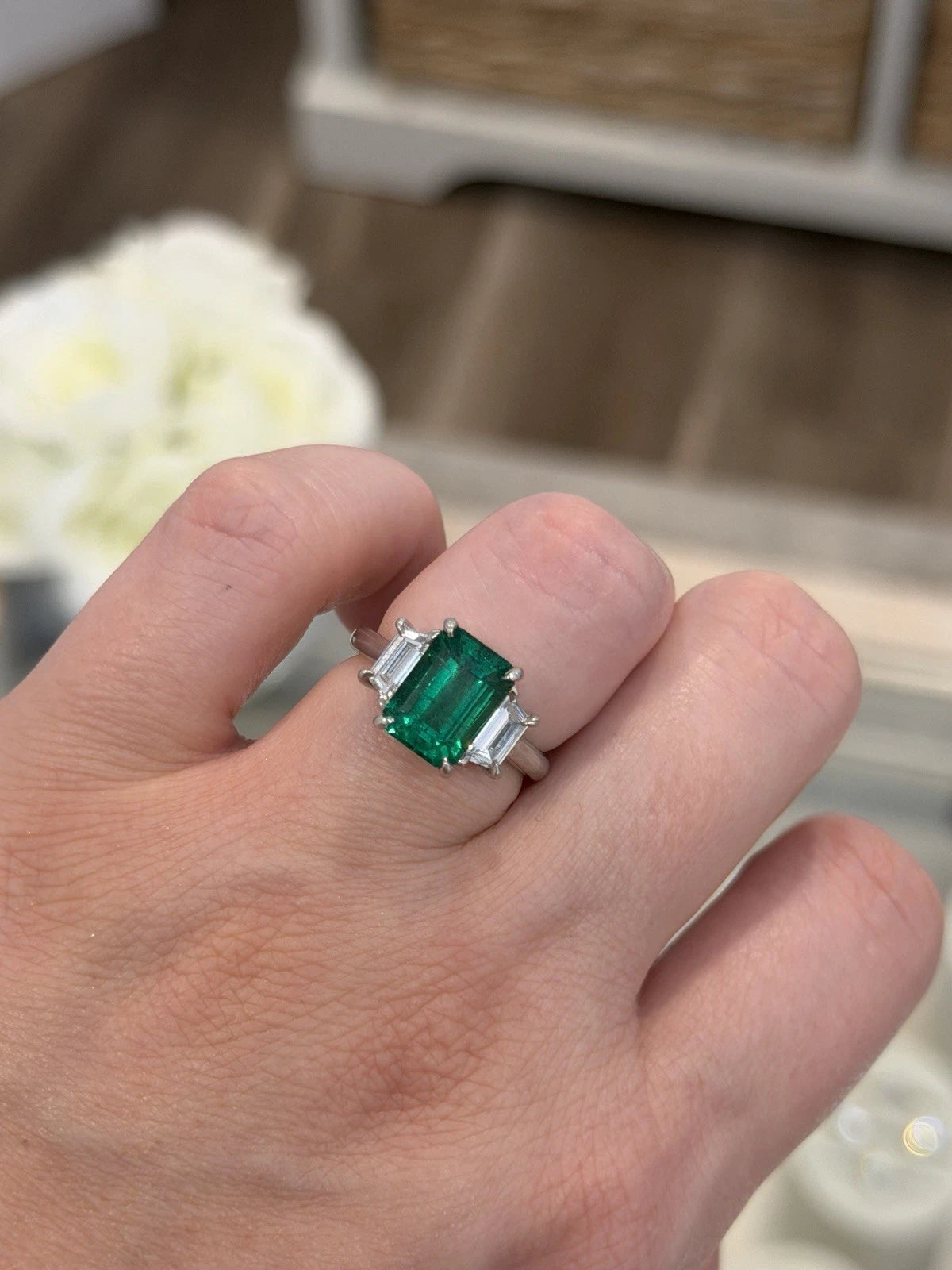 Platinum Natural Zambian Emerald Ring 3.62ct GIA Origin Report Trapezoid Diamond by Devine & Co — front view
