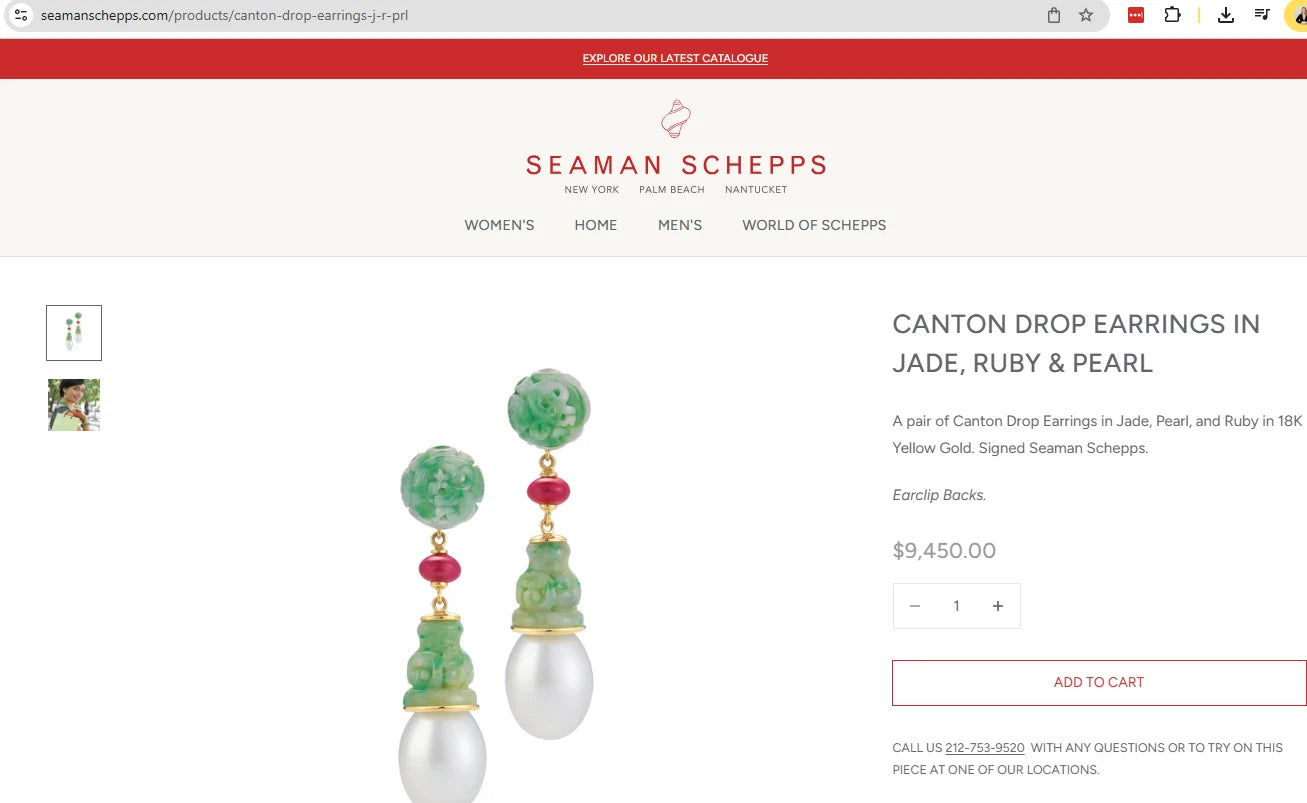 Seaman Schepps Canton Drop Jade, Ruby, Pearl Clip Earrings 18K Gold 17.37g