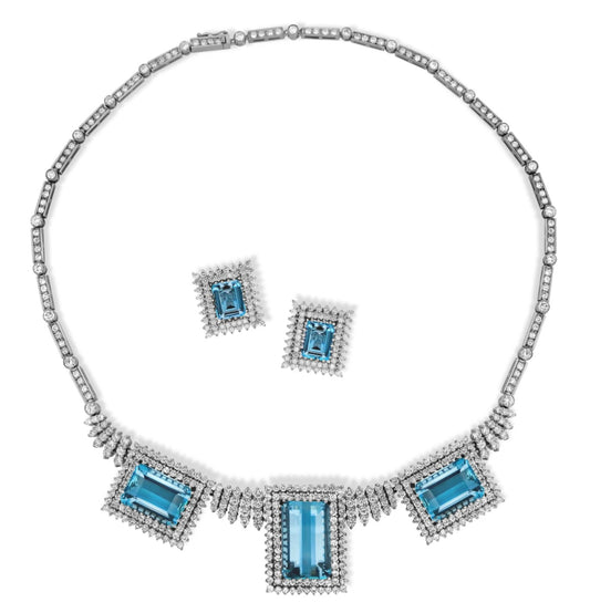 Custom 14K White Gold Natural Aquamarine & Diamond 46CTW Necklace Earring Suite - Devine & Co.
