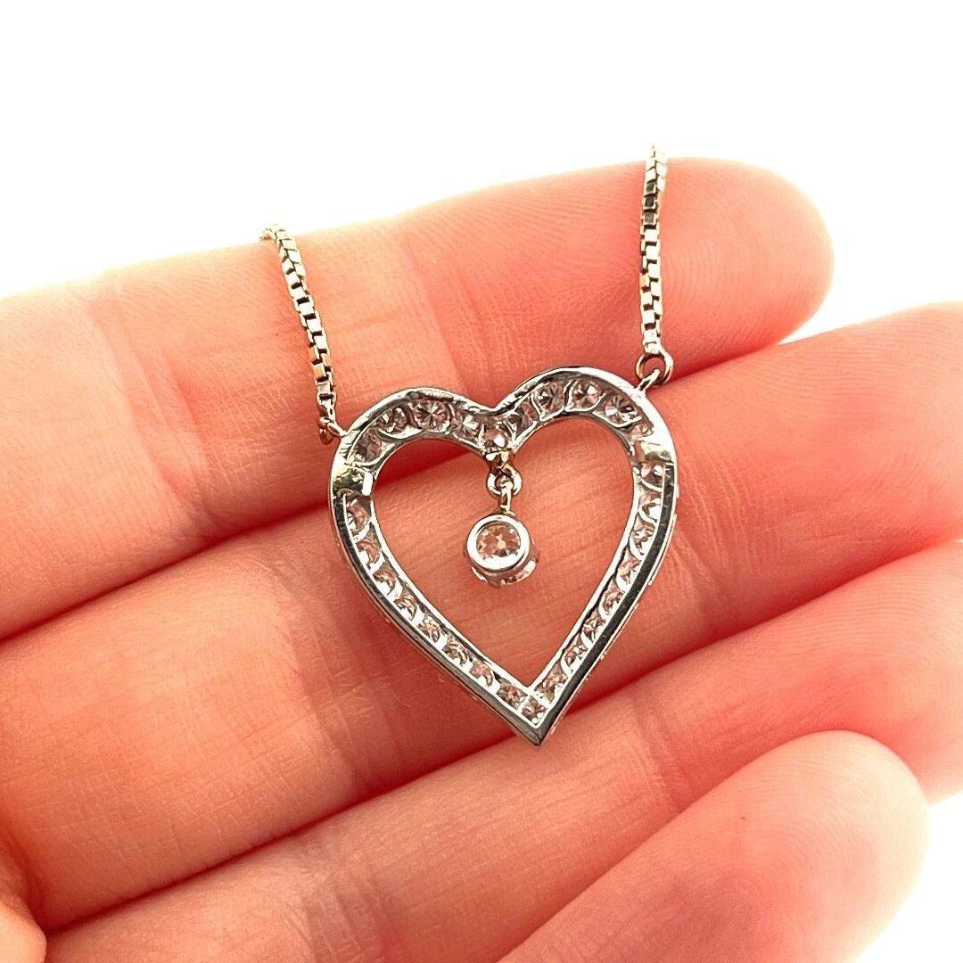 Vintage 1.05CTW Old European Cut Natural Diamond Pave Open Heart Dangle Necklace - Devine & Co.