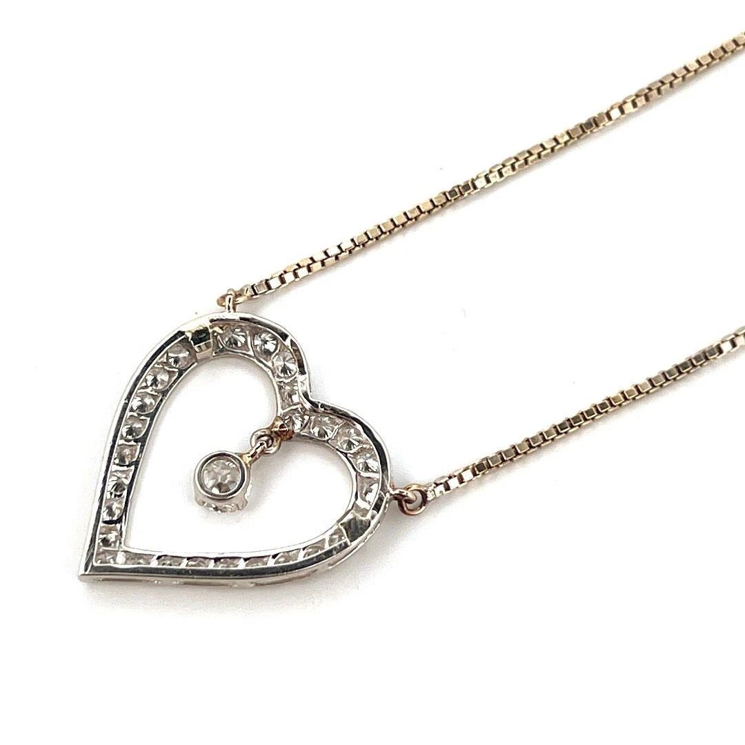 Vintage 1.05CTW Old European Cut Natural Diamond Pave Open Heart Dangle Necklace - Devine & Co.