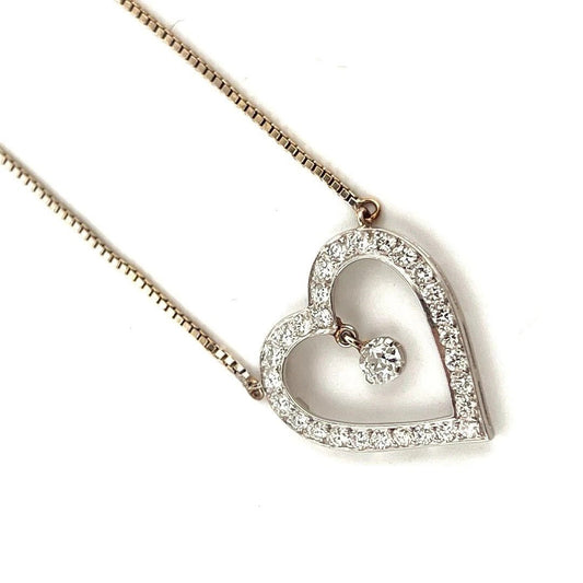 Vintage 1.05CTW Old European Cut Natural Diamond Pave Open Heart Dangle Necklace - Devine & Co.