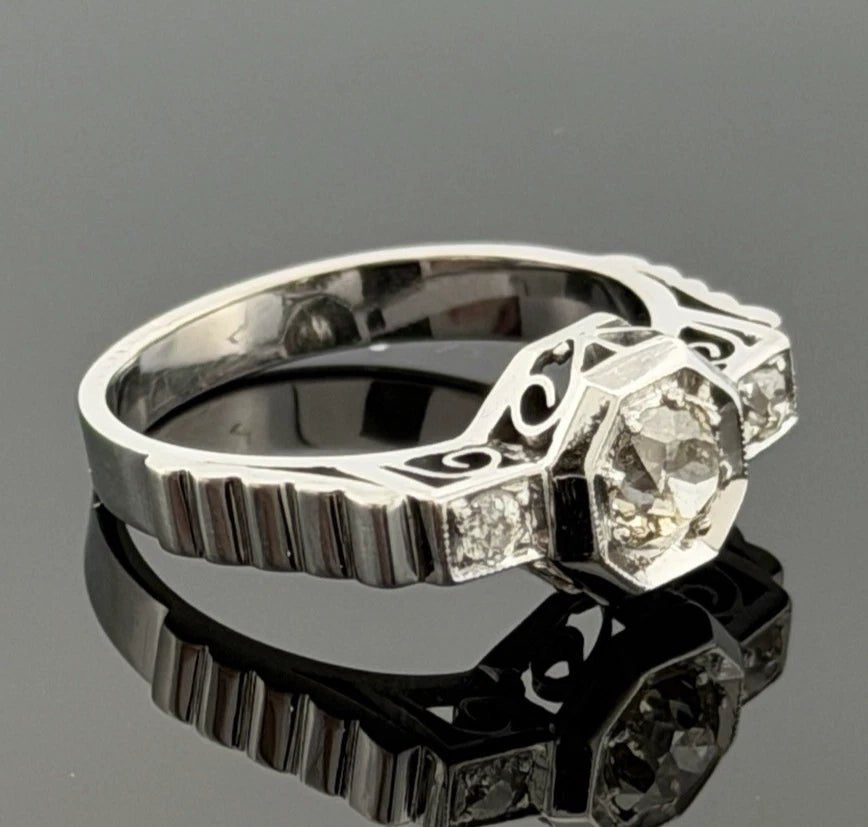 Vintage 14K White Gold Old European Cut Diamond Ring 0.60 CTW Size 6.25 Estate - Devine & Co.