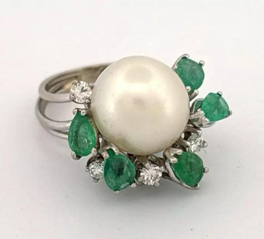 Vintage 14K White Gold South Sea Pearl, Emerald & Diamond Cocktail Ring - Devine & Co.