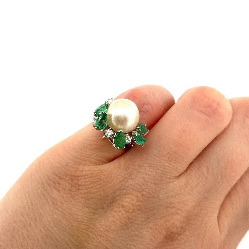 Vintage 14K White Gold South Sea Pearl, Emerald & Diamond Cocktail Ring - Devine & Co.