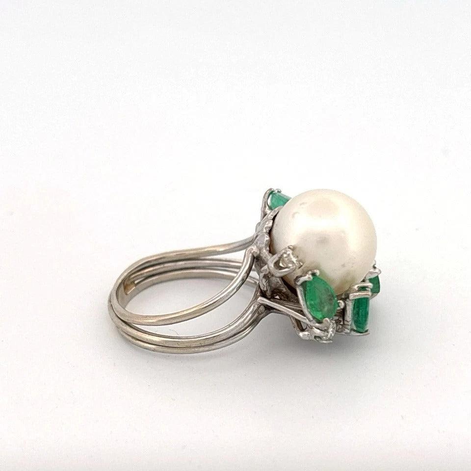 Vintage 14K White Gold South Sea Pearl, Emerald & Diamond Cocktail Ring - Devine & Co.