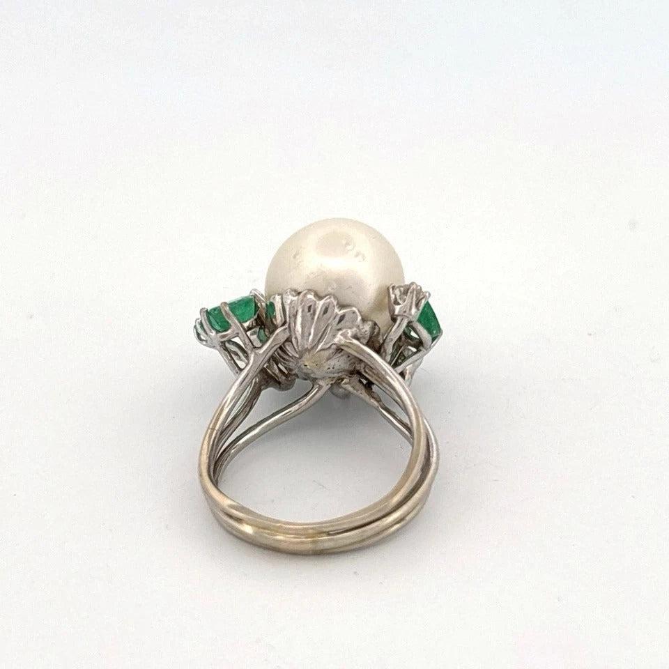 Vintage 14K White Gold South Sea Pearl, Emerald & Diamond Cocktail Ring - Devine & Co.
