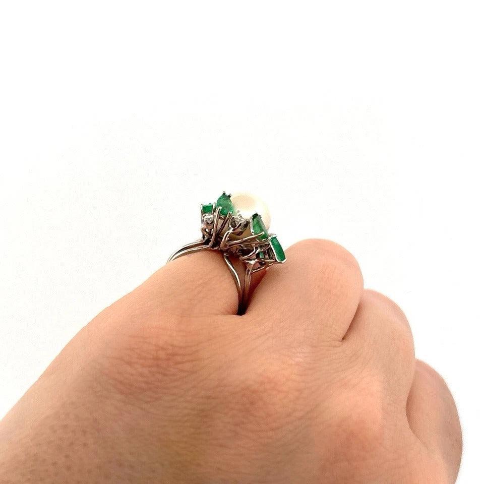 Vintage 14K White Gold South Sea Pearl, Emerald & Diamond Cocktail Ring - Devine & Co.